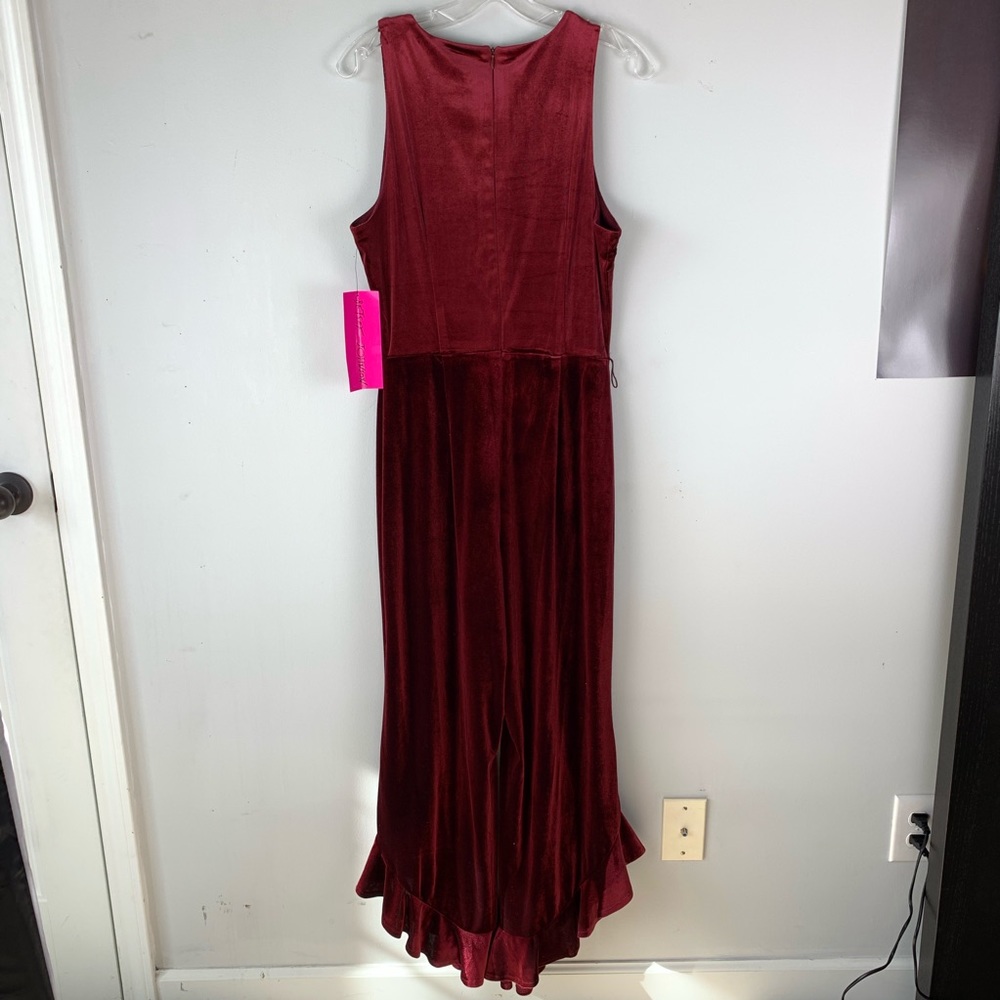 Betsey Johnson Maroon Velvet Ruffle Hem Jumpsuit - Picture 8 of 8